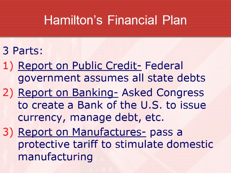 Hamilton’s Financial Plan 3 Parts: Report on Public Credit- Federal government assumes all state